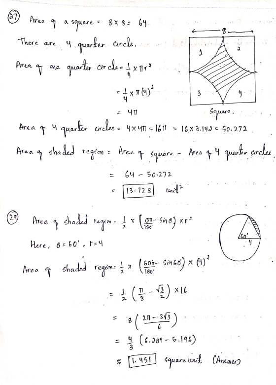Area of a square 8 x 82 64: There are 4. quarter circk no Area q one quarter arcleafxar ५ X 11 (4) 3 y ५ = 4T square, Area q