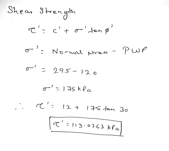 Shear stren ngth es cto cto ton & ol: Normal press P WP j ) 295-120 ol=175kla rela 12 t 175 ton 30 C -1130363 kPa