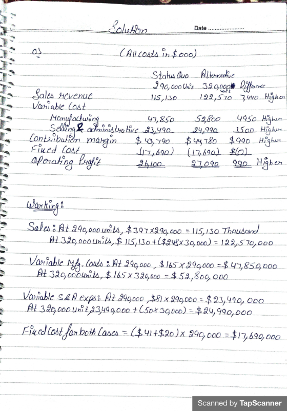 Solution Date as CAll costs in $ooo) Status Quo Alternative 290,000 Unit 390,00 Difference Sales revenue 115, 130 122,570_ 7,