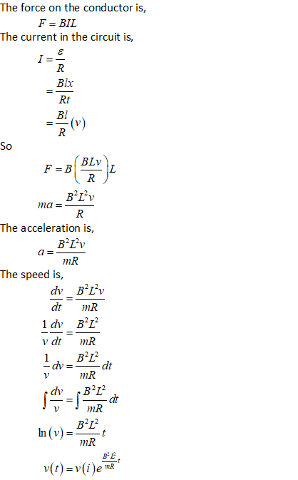 The force on the conductor is, F = BIL The current in the circuit is, & I=- R Blx Rt В! -(v) R So BLV F=B L R BPL R The accel