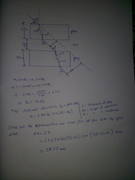 So 5 2 31 31.64 $10 a n 52 3 1-4 tang 50° = thick nsm of slaG incidenes =21 5 2xsec (31.4) sin (58-31.64) mn 38.77 mm