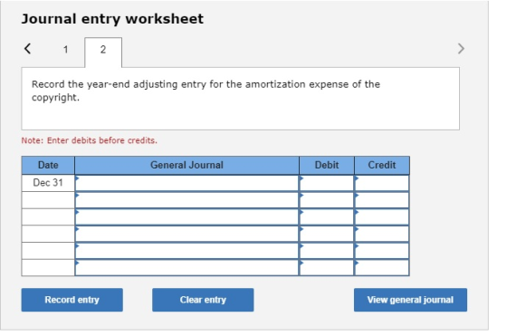 Journal entry worksheet < 1 Record the year-end adjusting entry for the amortization expense of the copyright. Note: Enter de