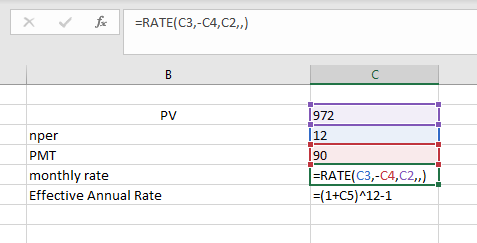 =RATE(C3,-C4,C2,,) 1 972 112 190 nper PMT monthly rate Effective Annual Rate =RATE(C3,-C4,C2,) (1+C5}^12-1