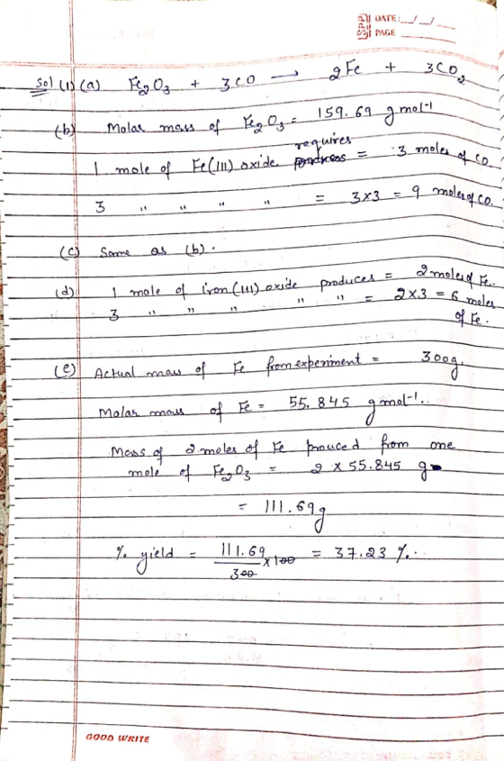 2) DATE: ET PAGE - - ate a Fe + 3co. - Sol 43 (a) FyOg + 32o D -- requires o thy - Molas_mass offeg Oge 159.69-moll # mole of