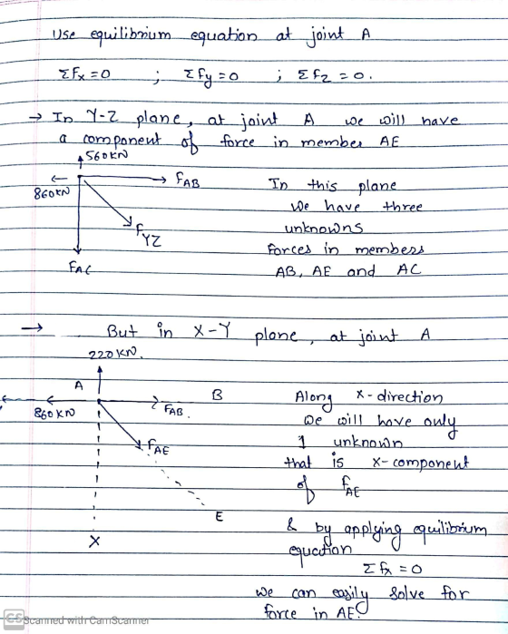 Use equilibmum...equation at joint.A Efx=0 ; Efy=0 į Efz 20. 8606 → In_Y-z_ plane, at_joint A we will have a component of for