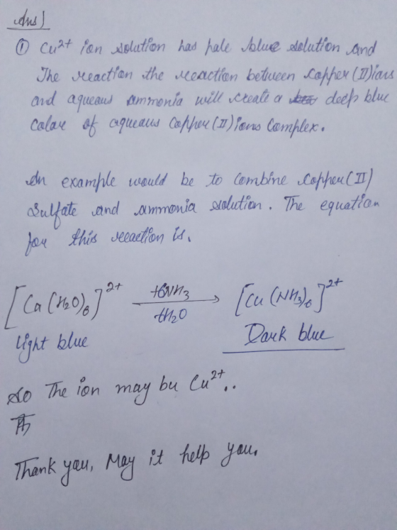 dus o cuat pon dolution has hale blue solution and The reaction the Meaction between copper (I)iaus and aqueand ammonia will