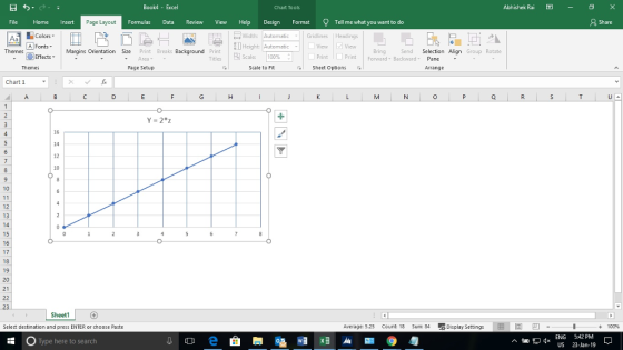 Book4 - Excel Chart Tools Abhishek Rai困- Home nsert Page Layout Formulas Data Review View Help Design Format Tell me what you want to do Width:Automatic Height: | Automatic-| | View | 1x1 View Colors Gridlines Headings A Fonts Margins Orientation Size Print Breaks Background Print Bring Send Selection Align Group Rotate □ Print | ■ print | Forward-Backward Effects Titles | Scale |100% Page Setup Scale to Fit Sheet Options Chart 1 16 12 12 17 20 Sheet1 | ④ Average: 5.25 Display Settings E |回凹ー Select destination and press ENTER or choose Paste Count: 18 Sum: 84 + 100% Type here to search ENG 5:42 PM US 23-Jan-19