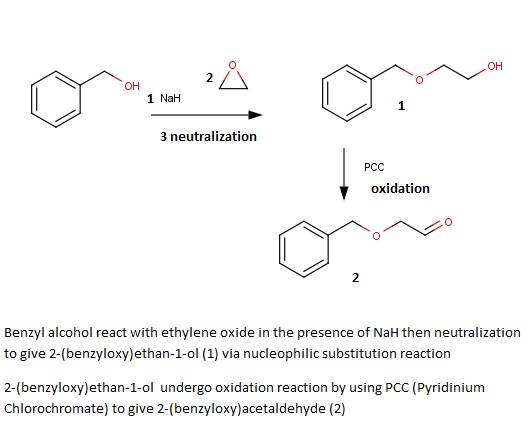 0 OH 2 он 1 NaH 3 neutralization PCC oxidation Benzyl alcohol react with ethylene oxide in the presence of NaH then neutraliz