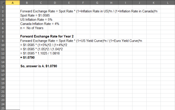А B E F H 1 2 3 4 Forward Exchange Rate = Spot Rate *(1+Inflation Rate in US)n / (1+Inflation Rate in Canada)n Spot Rate =