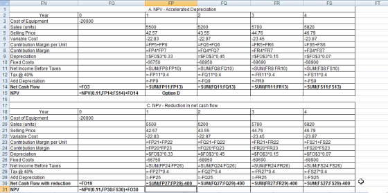 FN FO FR FS A. NPV - Accelerated Depreciation -20000 2 Year 3 Cost of Equipment 4 Sales (units) 5 Selling Price 6 Variable Co