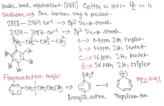 Double bond equtvalent (DBE) C1oHy Coneluston One benzeae 2858296 ent -> Sp3 ve-Vrel 3629 308 eM Cofz-et lot1- 4 fo present n