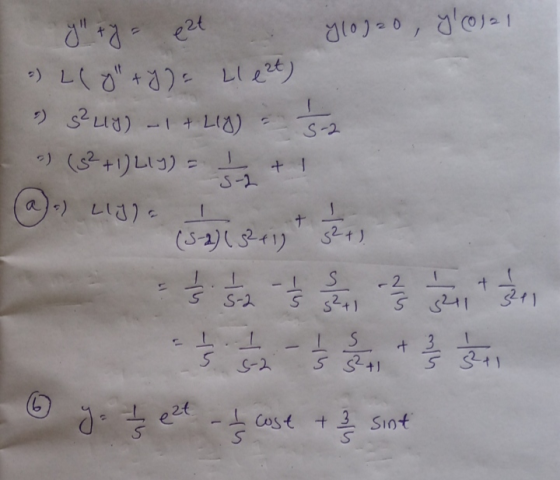 y 10, 20, yo121 y ty- ezt = L( 8 +Y) = Llezt) s-2 ² Lly) - 1 +LIO) :) (5²+1) Lly) = + 1 s-2 1) LIJ) - + S (S-2) (52+1) 3