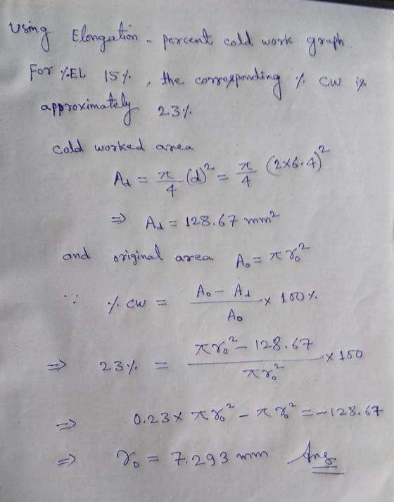 UnElagatin percent, cold work 7aph FOr yEL IS the cor 2-3 Cold worked amea (2x6.4) 4 2 Al 7C 128.67 mm2 Aa riginal and Aa are