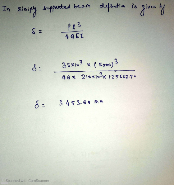 In simply supported beam deflection is given by Pe3 S 40EL d: 35X103 m (soon) 21041037 40 x 125662.70 8 345 3.88 mm Scanned w
