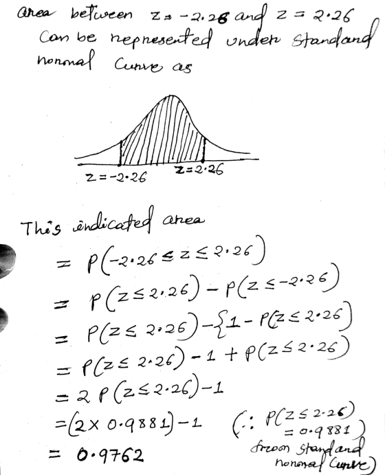 area between Z: -2.38 and 2 = 2.26 can be nepresented unden Standard hononal Curve as Z-2.26 2 = -2.26 anea This indicated P(