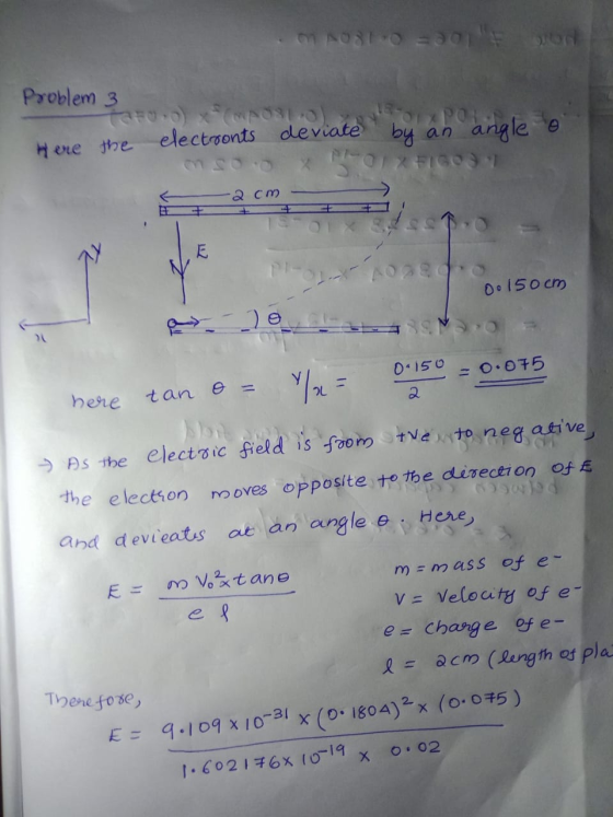 0310 = 301 Don Problem 3 taro) (0) POL electronts deviate by an angle o FICOS Here the 2 cm E 00150cm /= 0-150 -0.075 here