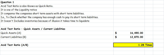 Question 1 Acid Test Ratio is also Knows as Quick Ratio. It is one of the Liquidity ratios It compares the companies short te