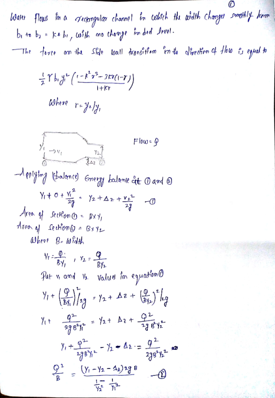 Warer flows for a rectangular channel in which the width Chonger swithly from be to be = kabe, with no change in bed level. T