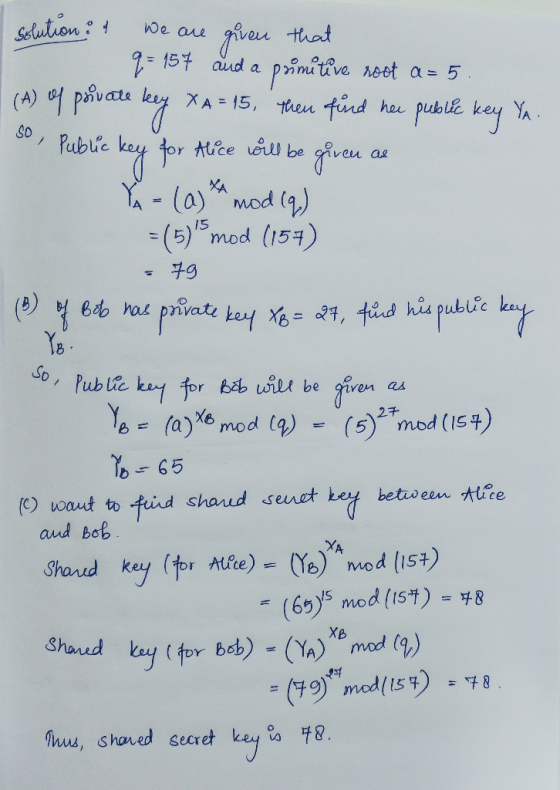 solution : & we are quen that - 9 = 157 and a primitive root a=5. (A) of private key XA = 15, then find her public key Ya. so