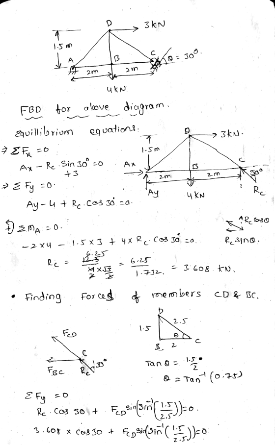 3kN 3 KN > San 300. the am zm ukn above diagram. FBD for ~ - - >3kN. Equillibrium equations: * EF =0;. I . 1-5m - Ax-Re Sin 3
