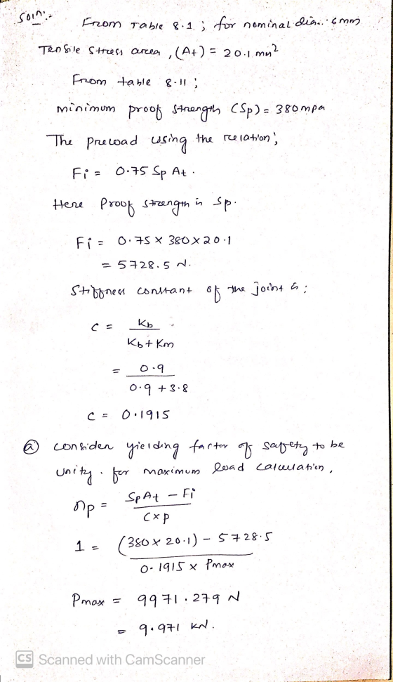 soin From Table 8.1 for nominal dia 6mm Tensile stress area 2 (A+) = 20.1.mm from table 8.11., minimum proof Strength (Sp) =