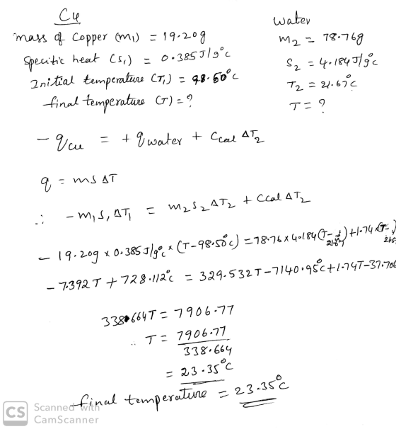 Cu mass of Copper (mi) = 19.20g specific heat (5.) = 0.385319°c Initial temperature (T) = 98.50°C final temperature 6) = ? wa