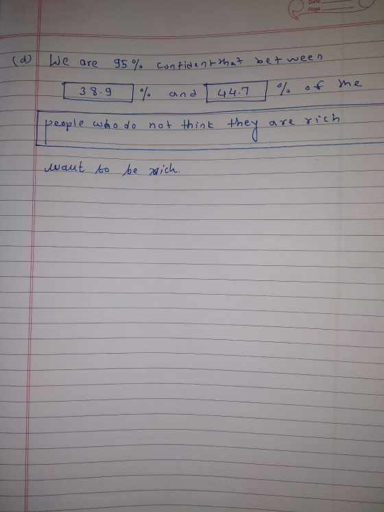 Date Page (d) We are 95% Confident that between 38.9 % and 44.7 % of the people who do not think they are rich want to be mic