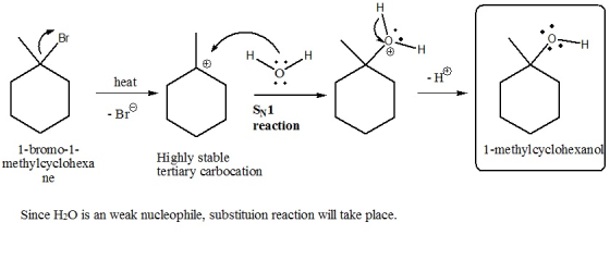 OH -H heat - Bro Sy1 reaction 1-methylcyclohexanol 1-bromo-1- methylcyclohexa ne Highly stable tertiary carbocation Since H2O