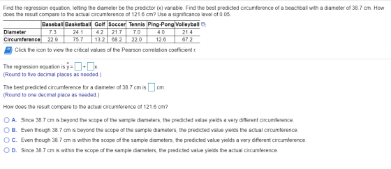 Find the regression equation, letting the diameter be the predictor (x) variable. Find the best predicted circumference of a