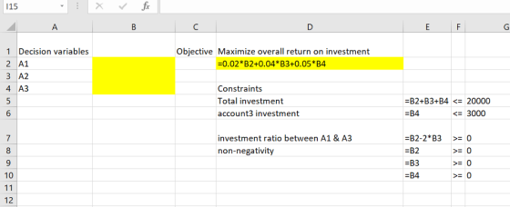115 Objective Maximize overall return on investment 0.02*B2+0.04*B3+0.05*B4 1 Decision variables 2 A1 3 A2 4 A3 Constraints T