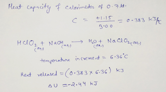 Heat Capacity calorimeder ot o.7 la 115 - 0.333 kJ 3.6 0 H,O Nacioraa HCLO, tNaOH 2 (G4.) (219 6.36 C in Crement temperadure