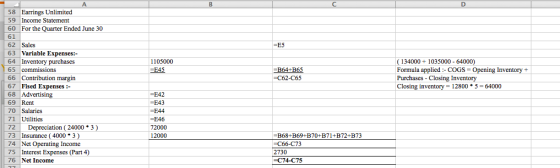 D 58 Earrings Unlimited 59 Income Statement 60 For the Quarter Ended June 30 61 -E5 1105000 =E45 =B64+B65 =C62-C65 ( 134000 +