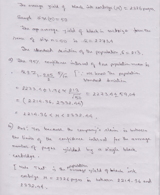 The average yield of black ink cartrige (M) = 2326 pages. Sample size (n)=50 The op average yield of black in cartrige forom