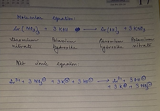 23 24 25 26 27 28 W2116 Mole enlar equation! an(NO3) + 3 KOH Chromium Potassium nitrate Hydroxide (14) + 3 KNO3 Chromium hydr