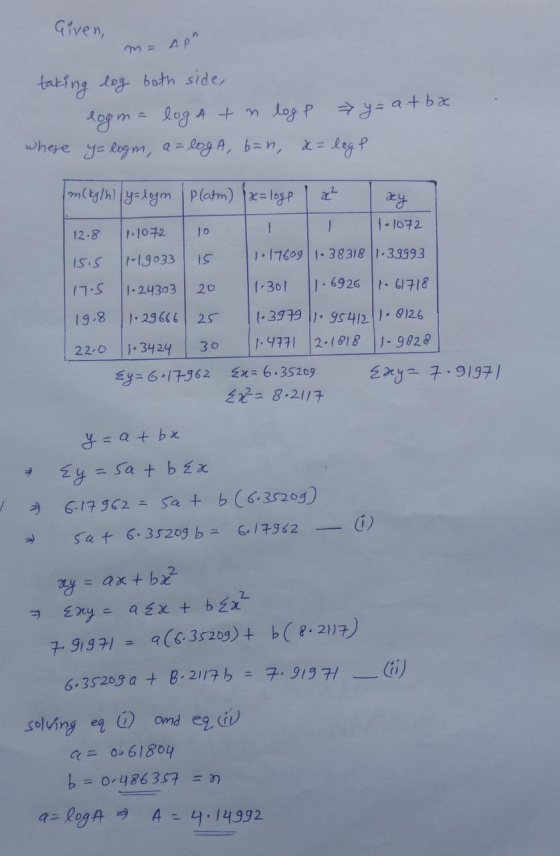 Given, m = 40 taking log both side, logm = loga + log p > y = atba where y= logm, a=logA, ban, a= loge m(kg/h) yalogm Platm)