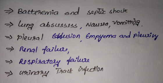 → Bacteremia and septic shock lung absussess, Nausea, vomitting » pleural Edfusion Empyema and pleurity » Renal failur, » Res