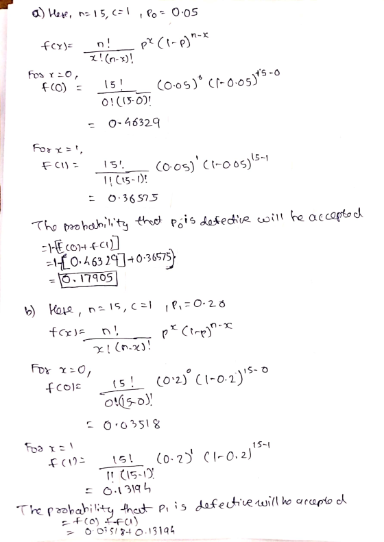 a) Hese, n= 15,2=1, PO = 0.05 fcx)= n! a! (n-x)! pl (1-P) - hos Y LO, f(0) = 15! (003) (-0.05)95-0 0!(15-0) 0-46329 こ Forx=1