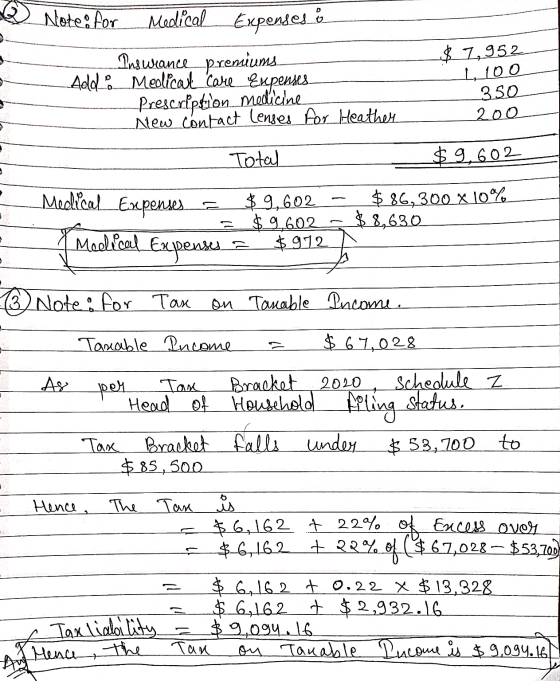 Note: for Medical Expenses & Pns wrance premiums Add: Medical Care Expenses $ 7,952 L.100 350 2.00 Prescription medicine New