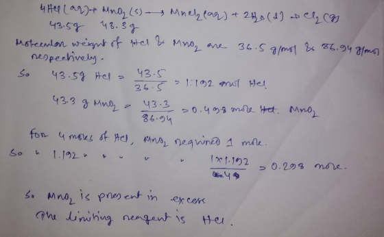 4 H4 (94)+ uno (3) Mnclear) + 240 (d) af Clq Cg 43.59 43.39 Moteenlon weight of tel & Mnog ane 36.5 gomol & 86.94 g/mol respe