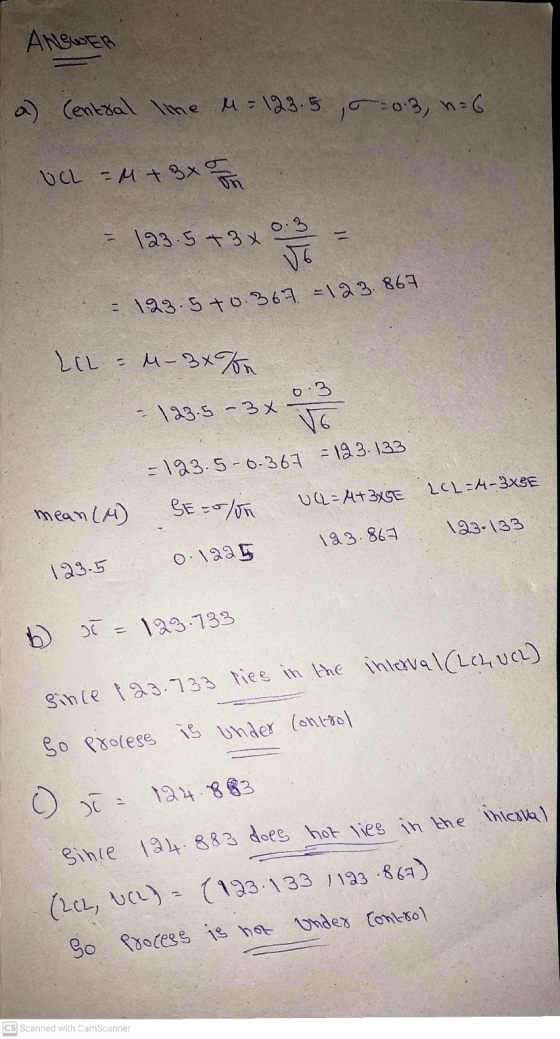 UCL - M + 3x Zn ANSWER a) Central line M=123.55-0.3, n=6 123.5+ 3 x 0.3 V6 = 123.5 +0.367 =123.867 LIL - M - 3x/ou - 123.5 -