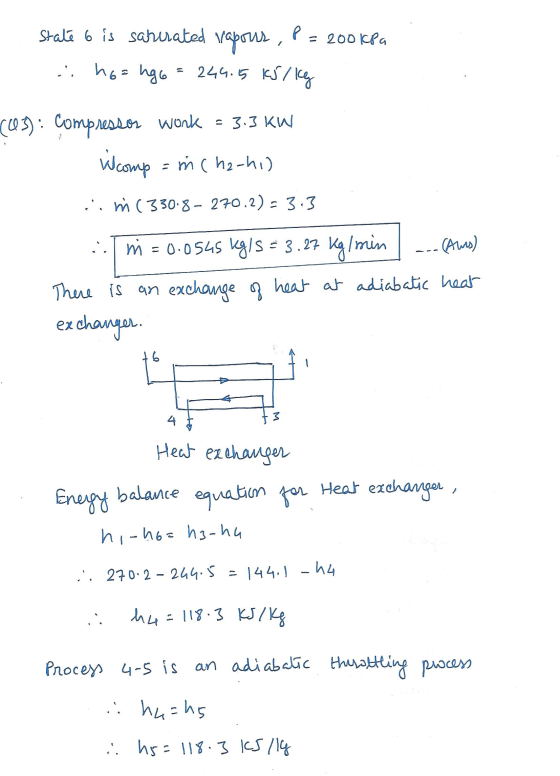 P State 6 is sahurated rapons, = 200 kPa :. h6=hg6 = 244.5 kJ/kg = 3.3 KW (63): Compressor work Wcomp mcha-hi) im (330.8-270.