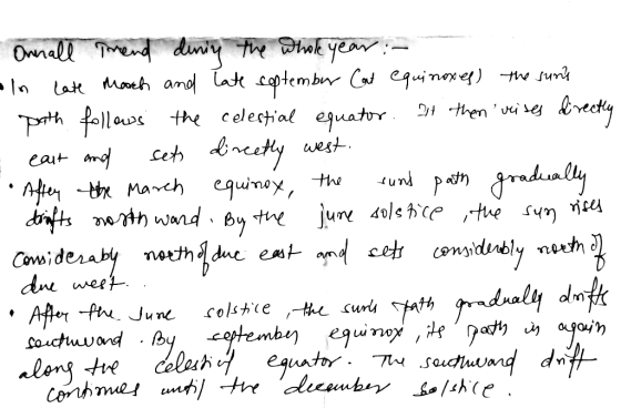 Ohnall Trend diniy the whole year :- - In late march and late septembur Coat equinoxes) the sun path follows the celestial eq