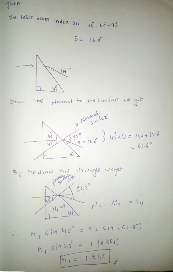 given The laser beam index on us-45-98 0 = 16.8° h 48. Draw the Normal to the surface we get Normak surface ust.16.8 X g 45+0