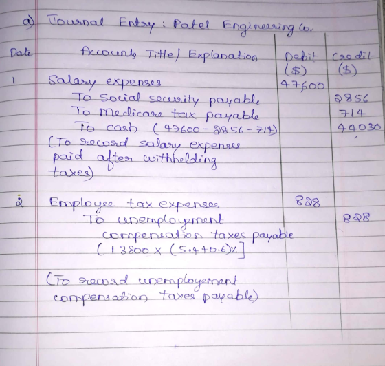 a Tournal Entry: Patel Engineering to Date Account Title) Explanation Debit Crodila Salary expenses 147600 To social security