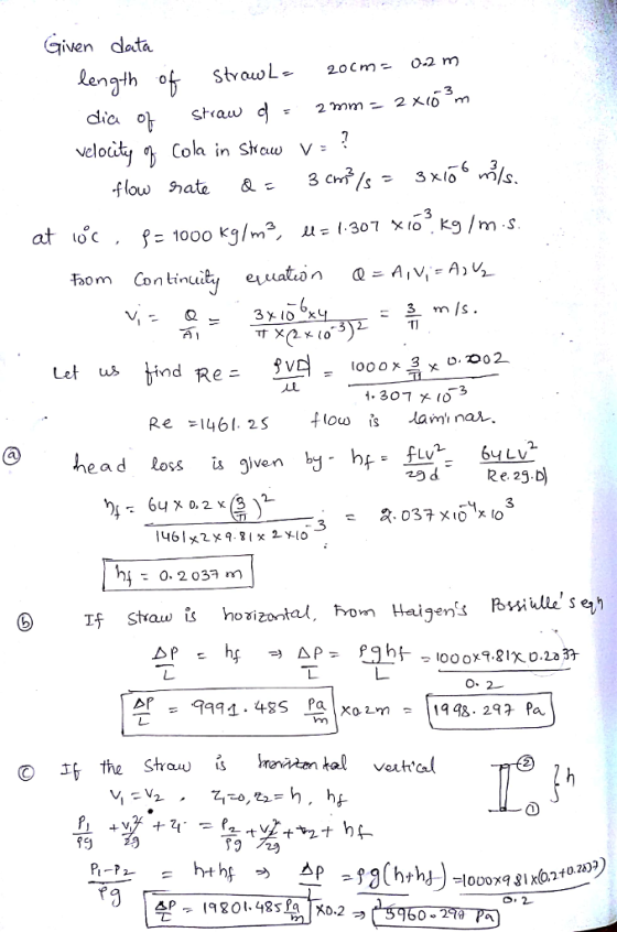 given data diC O velo flow gate & s= 3x.lo vn/S at oc ねom Continuity e raton Let ind 3 he a d loss is given bj - hf - 3 TF st