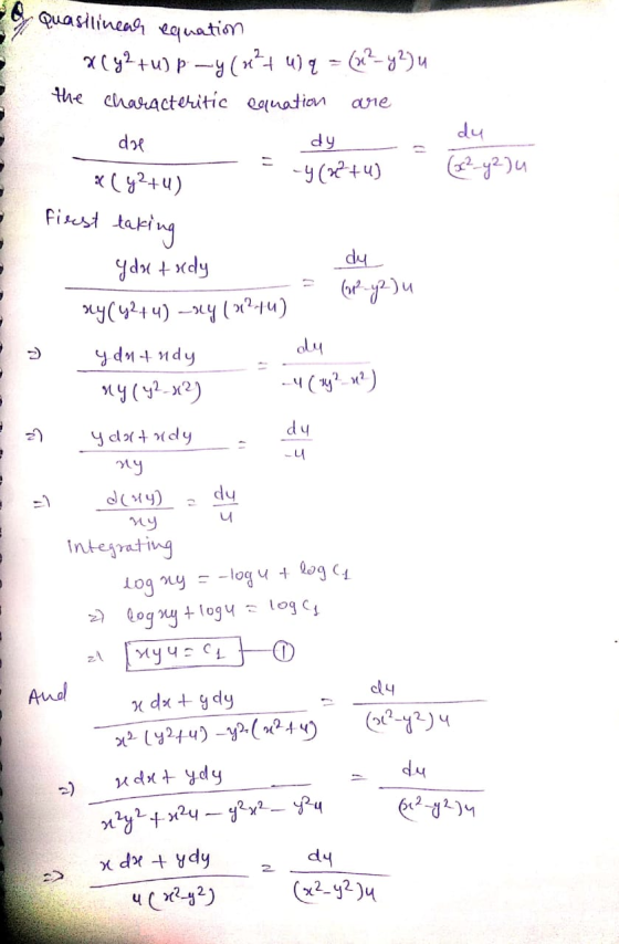 O Quasilinear equation xt -+u) p —(x*4 ч) 1 - (-?) и the characteritic equation are doe dy , x (32+4) du (22) — 5-9 (+4) firs