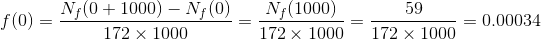 f(0)=\frac{N_f(0+1000)-N_f(0)}{172\times 1000}=\frac{N_f(1000)}{172\times 1000}=\frac{59}{172\times 1000}=0.00034