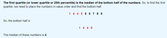 The first quartile (or lower quartile or 25th percentile) is the median of the bottom half of the numbers. So, to find the fi