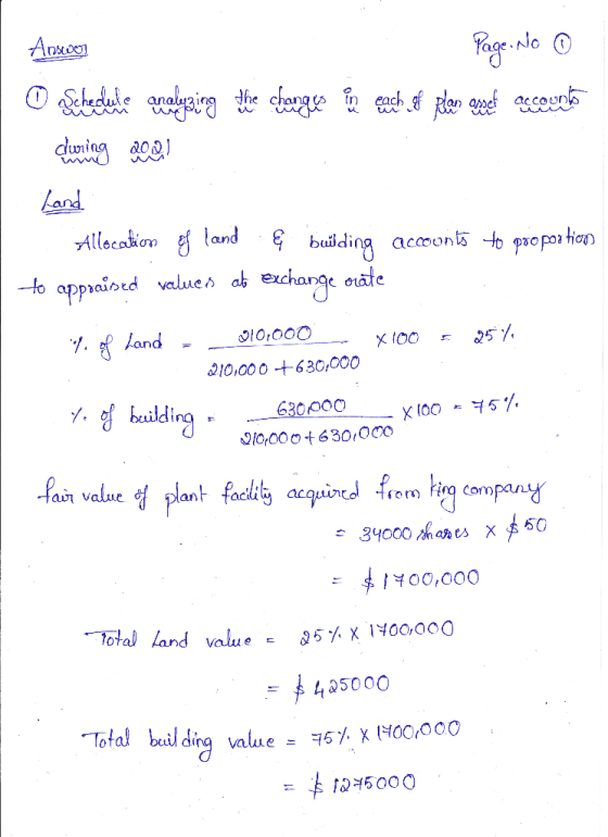 Answeg - Page No ① Schedule analyzing the changes in each of plan get accounts during 2001 hand Allocation of land & building