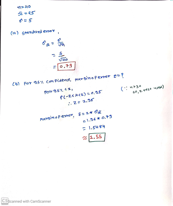 na 40 OC -25 01 = 5 - (a) standard error 6ác $19 40 -10.79 (6) For 95% confidence, margin of error E=? (in730 50,2 test used)